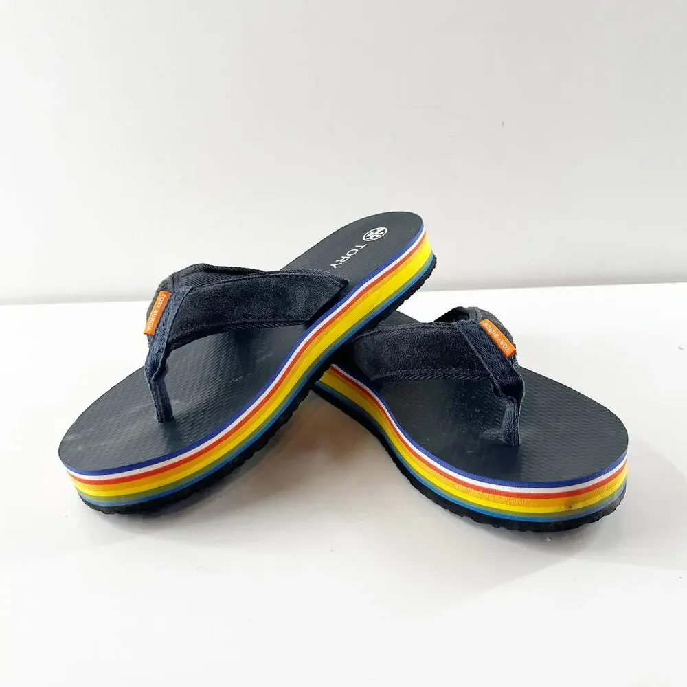 Tory Burch 70's Suede Thong Platform Flip Flop Sandal Perfect Navy Blue 9